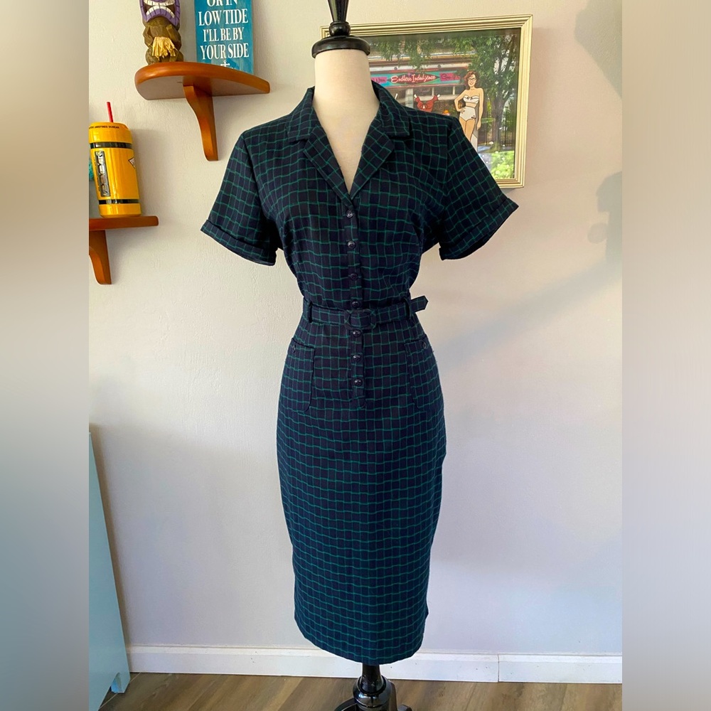 💙COLLECTIF 💚 CATERINA PENCIL WIGGLE FLANNEL PLAID RETRO DRESS